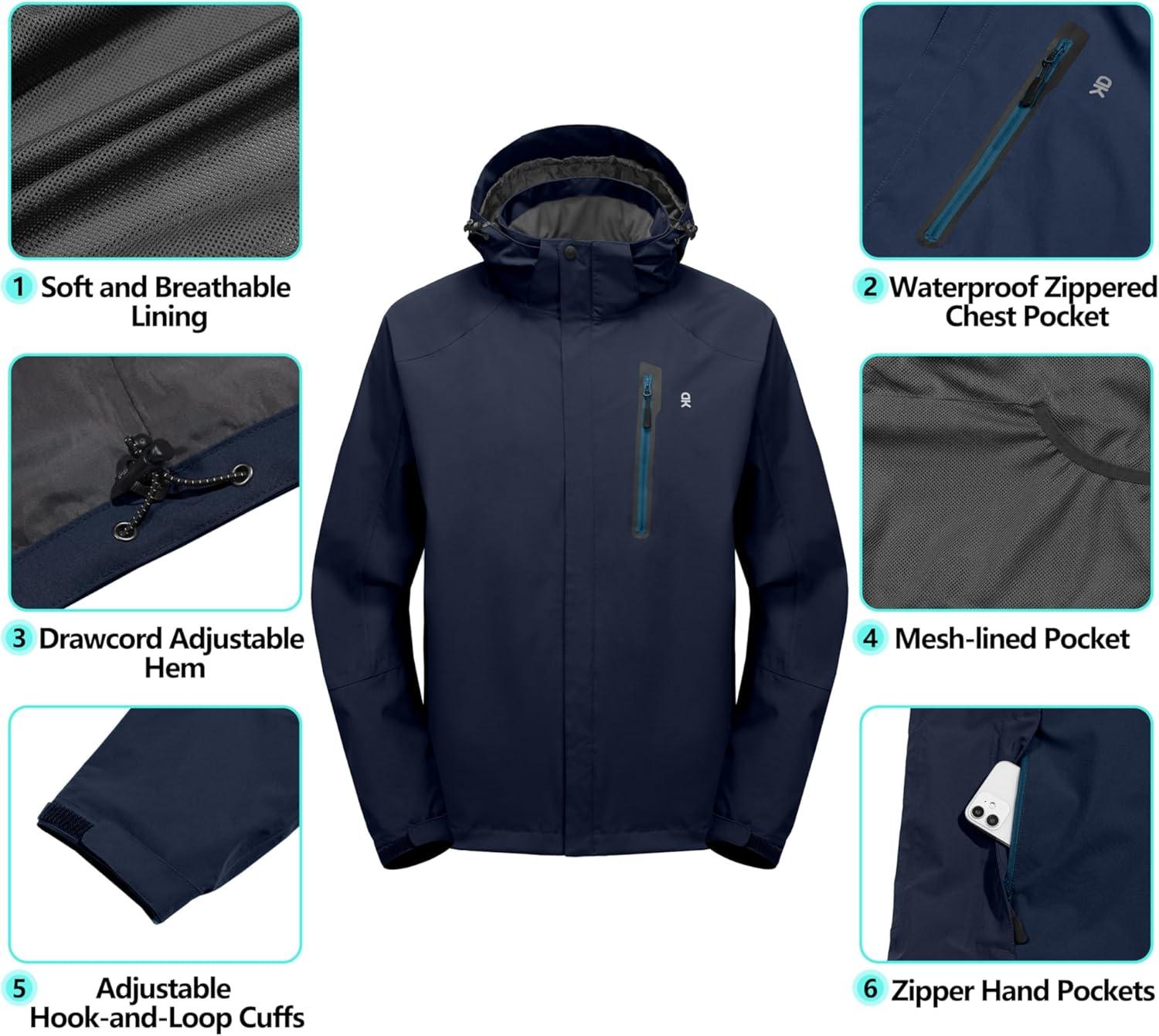 imageLittle Donkey Andy Mens Waterproof Rain Jacket Outdoor Lightweight Hooded Raincoat for Hiking Golf Travel FishingC1deep BlueDeep Blue