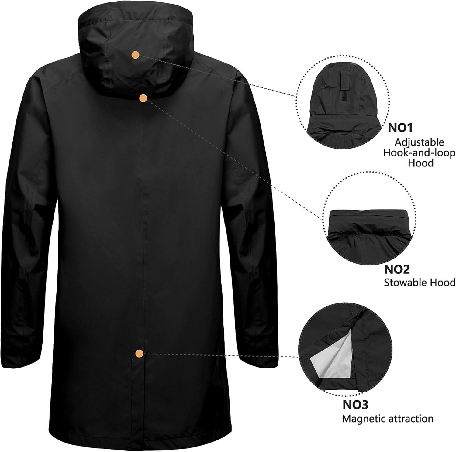 imageLittle Donkey Andy Mens Waterproof Rain Jacket Outdoor Lightweight Mountain Windbreaker Long Coat for Hiking Golf TravelBlack