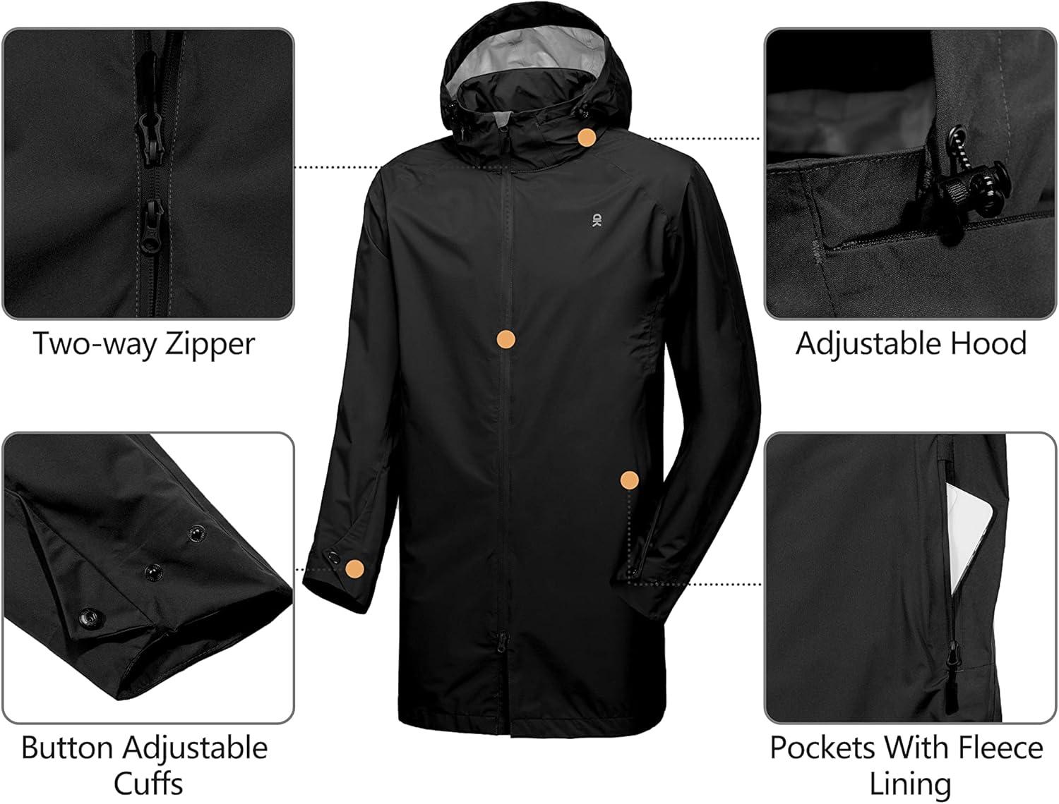 imageLittle Donkey Andy Mens Waterproof Rain Jacket Outdoor Lightweight Mountain Windbreaker Long Coat for Hiking Golf TravelBlack