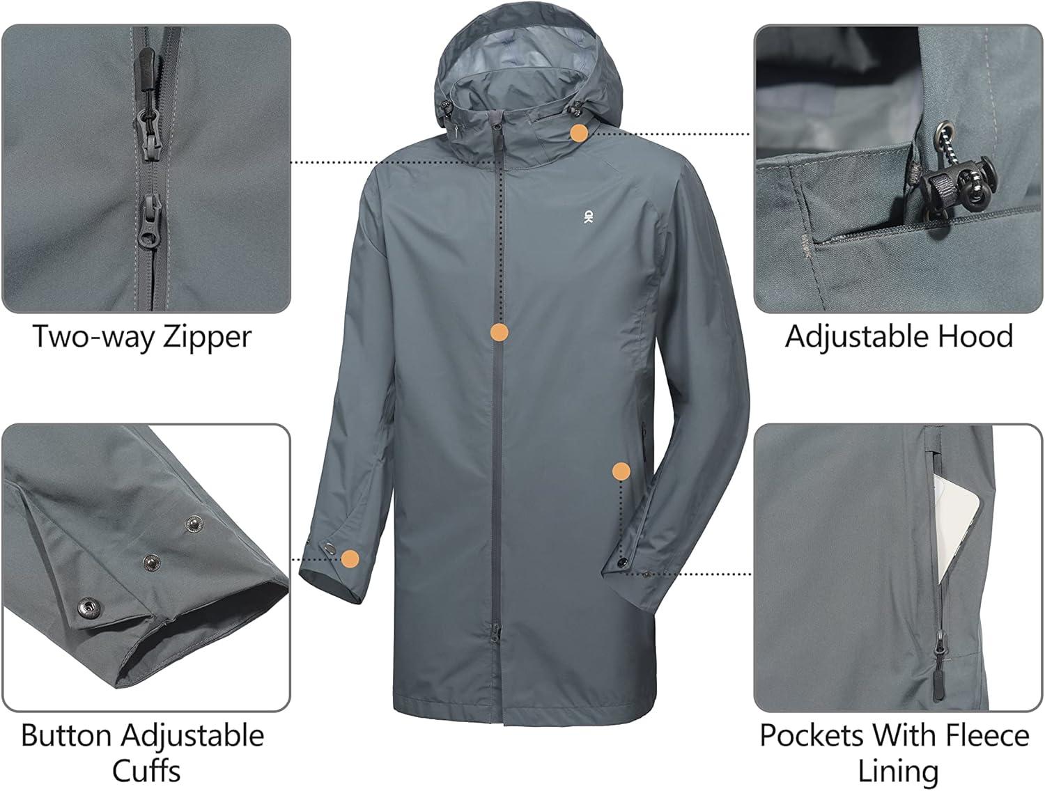 imageLittle Donkey Andy Mens Waterproof Rain Jacket Outdoor Lightweight Mountain Windbreaker Long Coat for Hiking Golf TravelGrey
