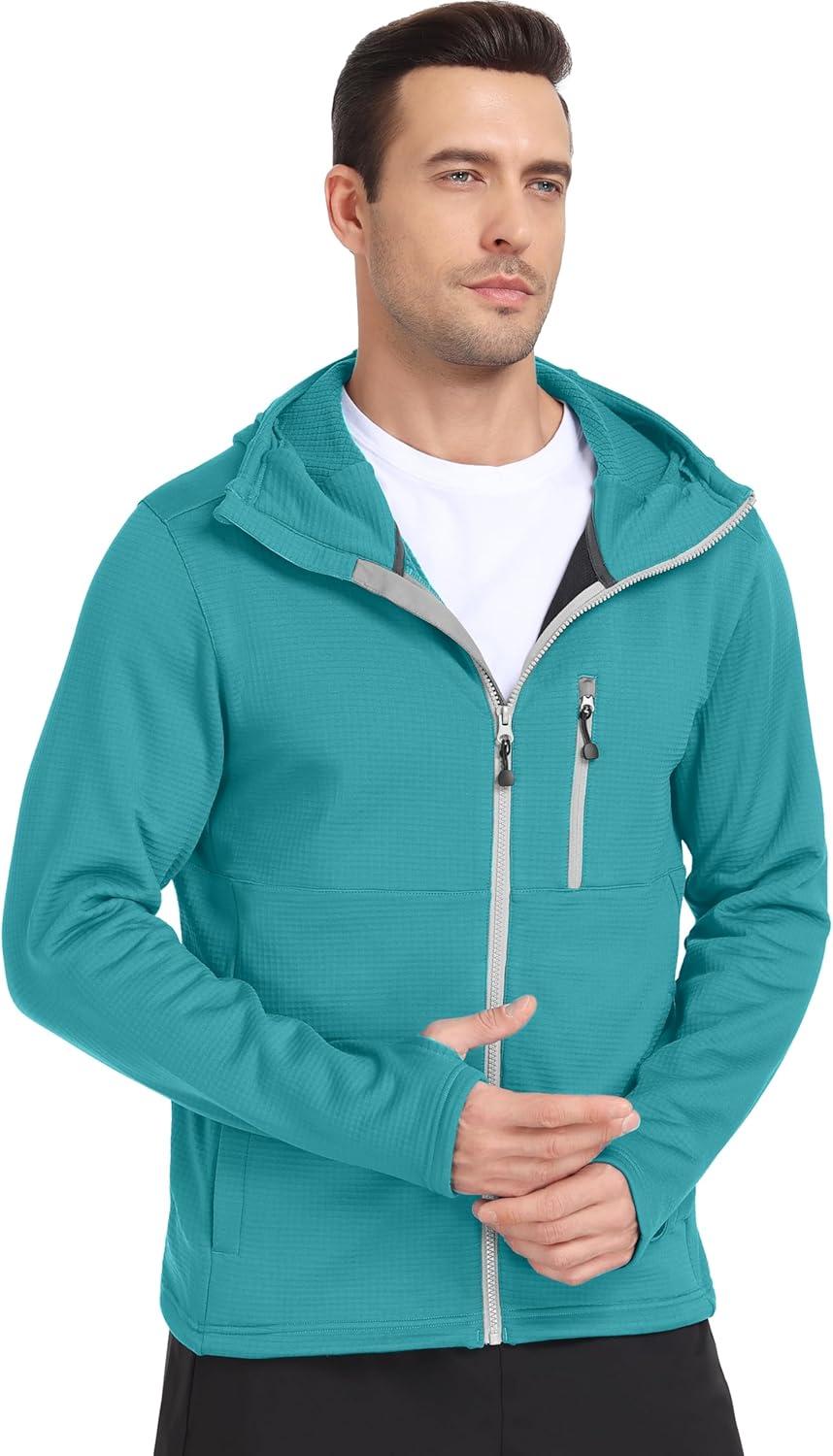 imageLittle Donkey Andy Mens Winter Lightweight Warm Fleece Running Jacket Breathable Hooded Thermal Jacket with Thumb HolesTile Blue