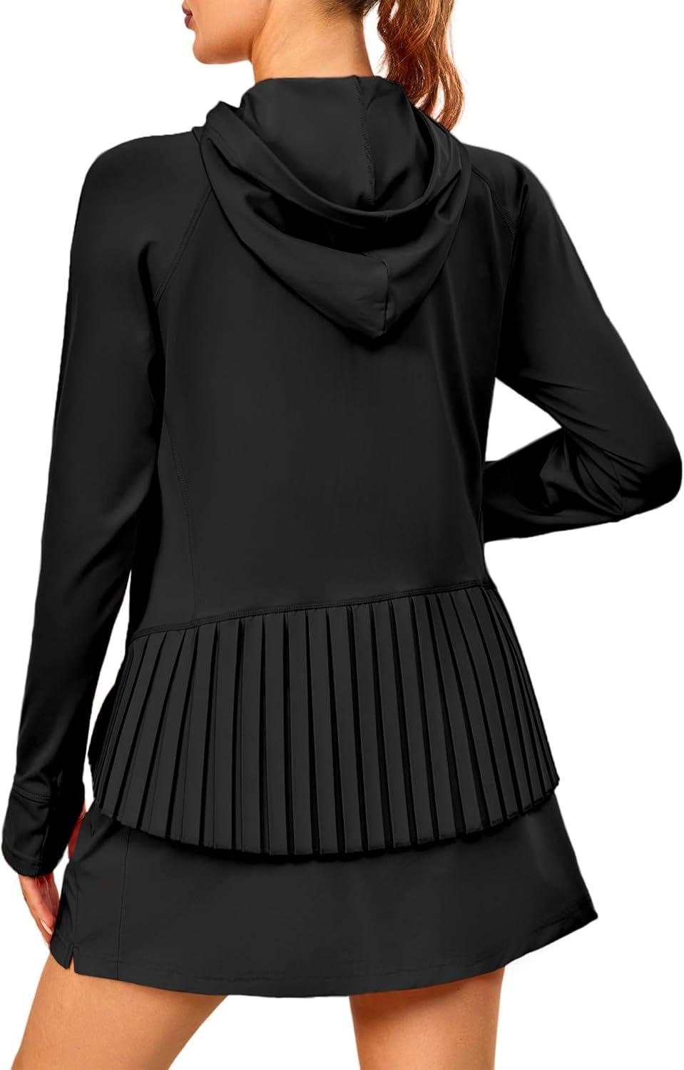 imageLittle Donkey Andy Womens Golf Hoodie Jacket with Pleated Tennis Skirt Hem Full Zip Sun Protection Running Athletic JacketsBlack