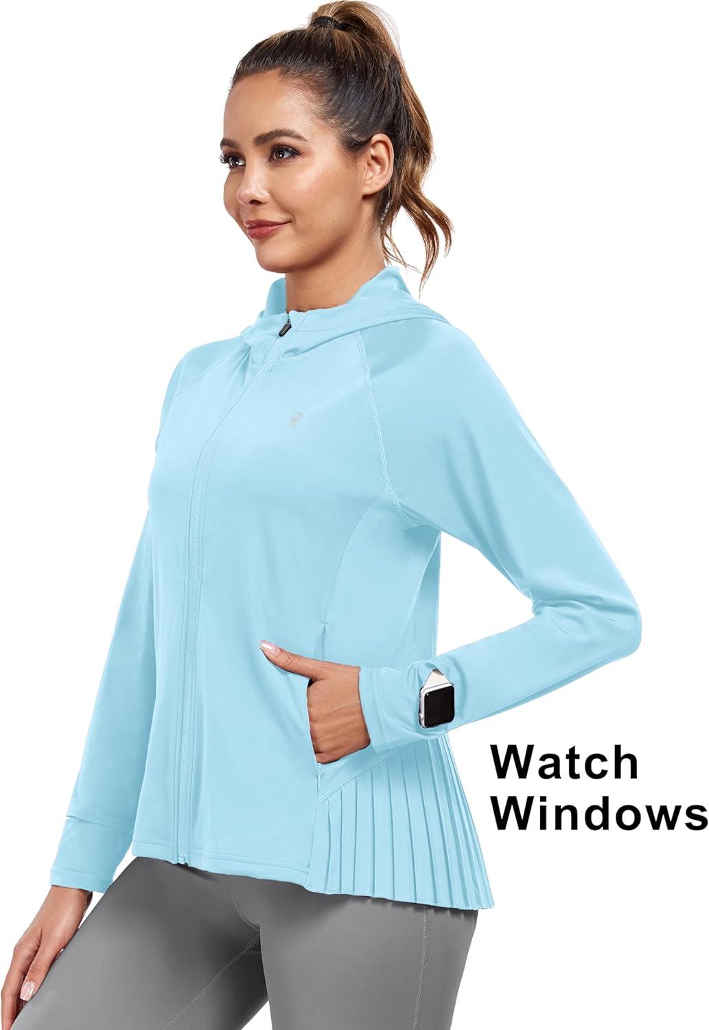imageLittle Donkey Andy Womens Golf Hoodie Jacket with Pleated Tennis Skirt Hem Full Zip Sun Protection Running Athletic JacketsBlue