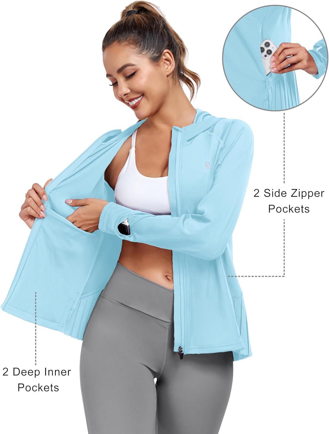 imageLittle Donkey Andy Womens Golf Hoodie Jacket with Pleated Tennis Skirt Hem Full Zip Sun Protection Running Athletic JacketsBlue