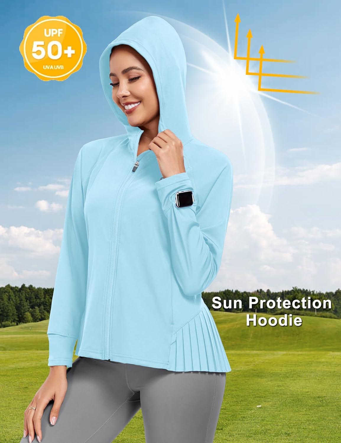 imageLittle Donkey Andy Womens Golf Hoodie Jacket with Pleated Tennis Skirt Hem Full Zip Sun Protection Running Athletic JacketsBlue
