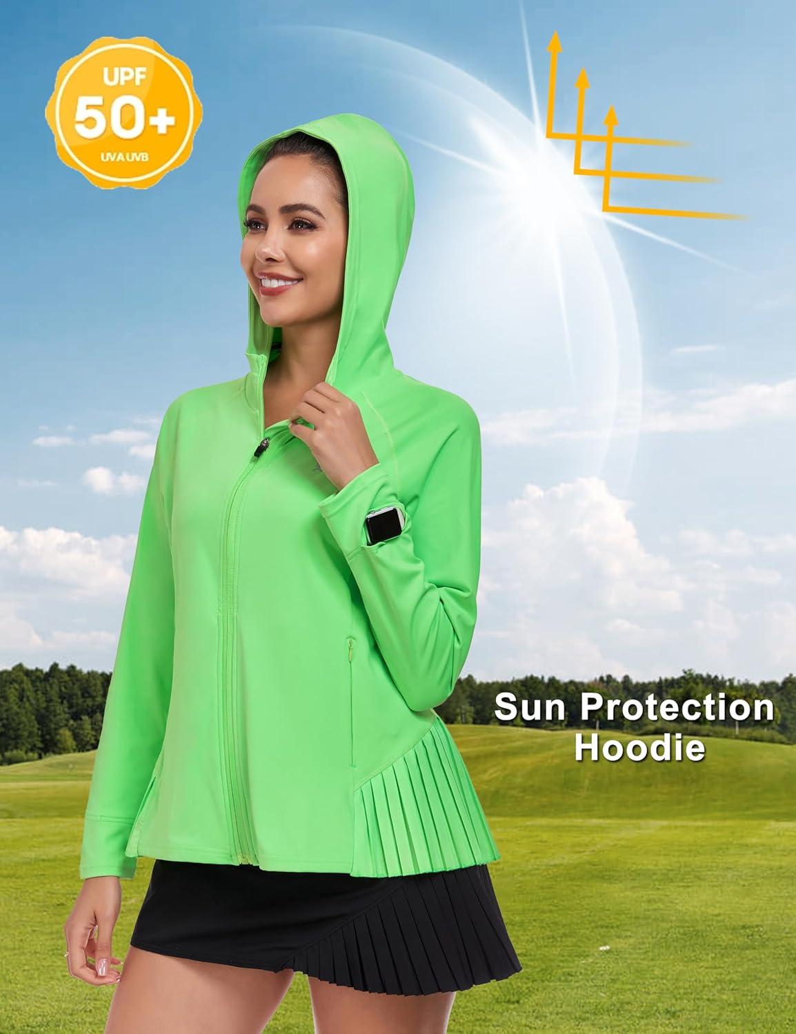 imageLittle Donkey Andy Womens Golf Hoodie Jacket with Pleated Tennis Skirt Hem Full Zip Sun Protection Running Athletic JacketsFluorescent Green