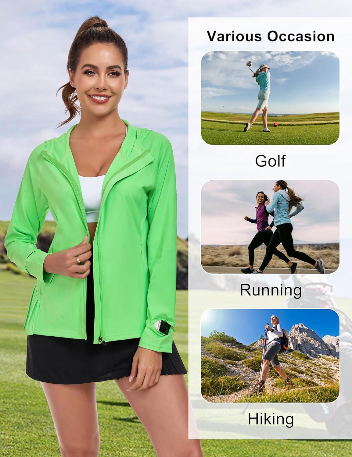 imageLittle Donkey Andy Womens Golf Hoodie Jacket with Pleated Tennis Skirt Hem Full Zip Sun Protection Running Athletic JacketsFluorescent Green