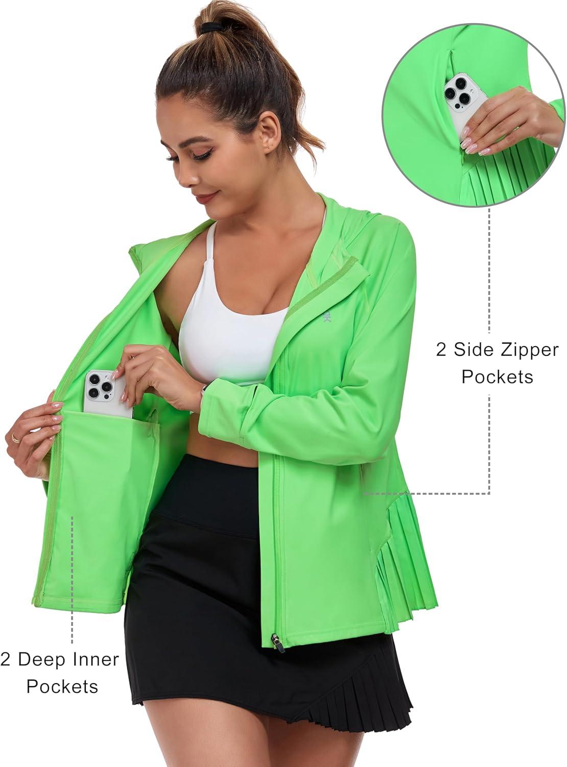 imageLittle Donkey Andy Womens Golf Hoodie Jacket with Pleated Tennis Skirt Hem Full Zip Sun Protection Running Athletic JacketsFluorescent Green