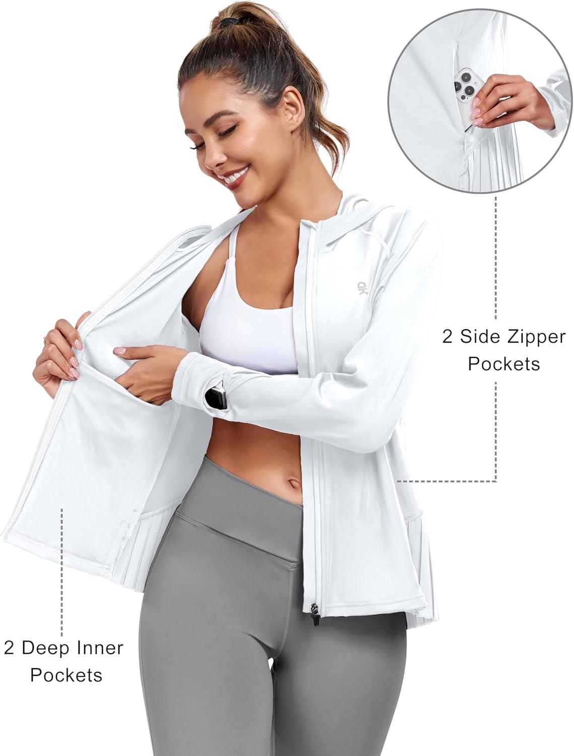 imageLittle Donkey Andy Womens Golf Hoodie Jacket with Pleated Tennis Skirt Hem Full Zip Sun Protection Running Athletic JacketsWhite