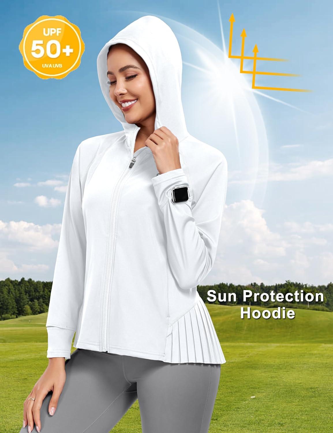 imageLittle Donkey Andy Womens Golf Hoodie Jacket with Pleated Tennis Skirt Hem Full Zip Sun Protection Running Athletic JacketsWhite