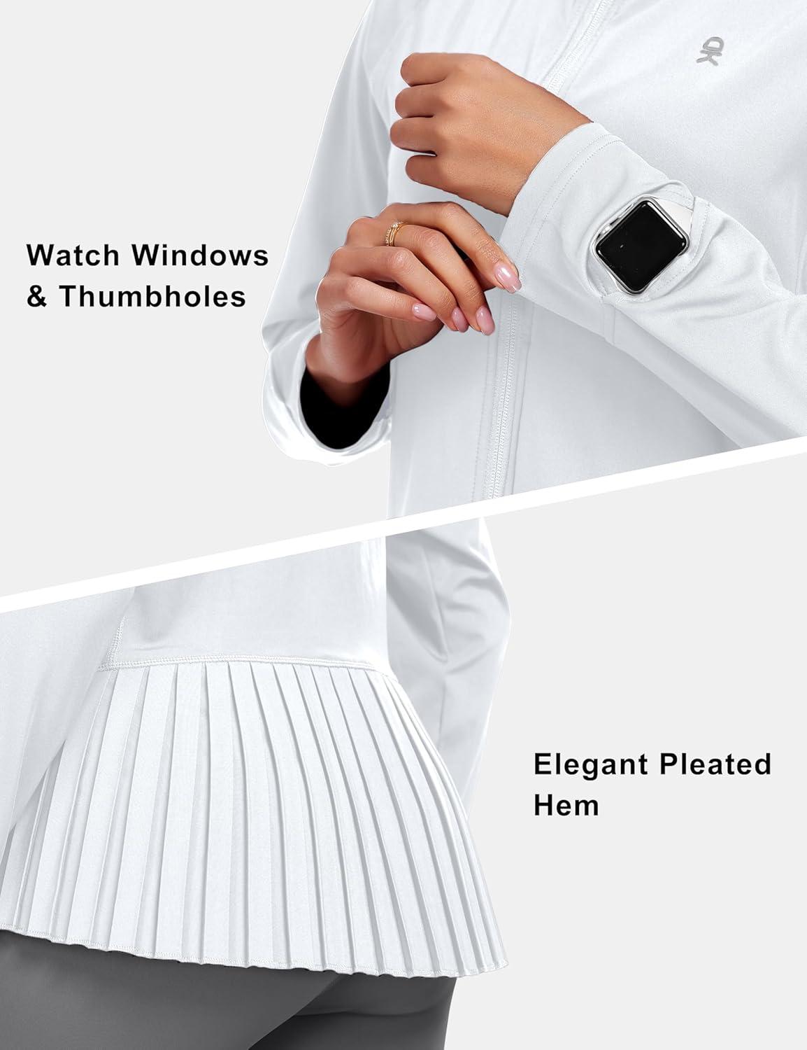 imageLittle Donkey Andy Womens Golf Hoodie Jacket with Pleated Tennis Skirt Hem Full Zip Sun Protection Running Athletic JacketsWhite