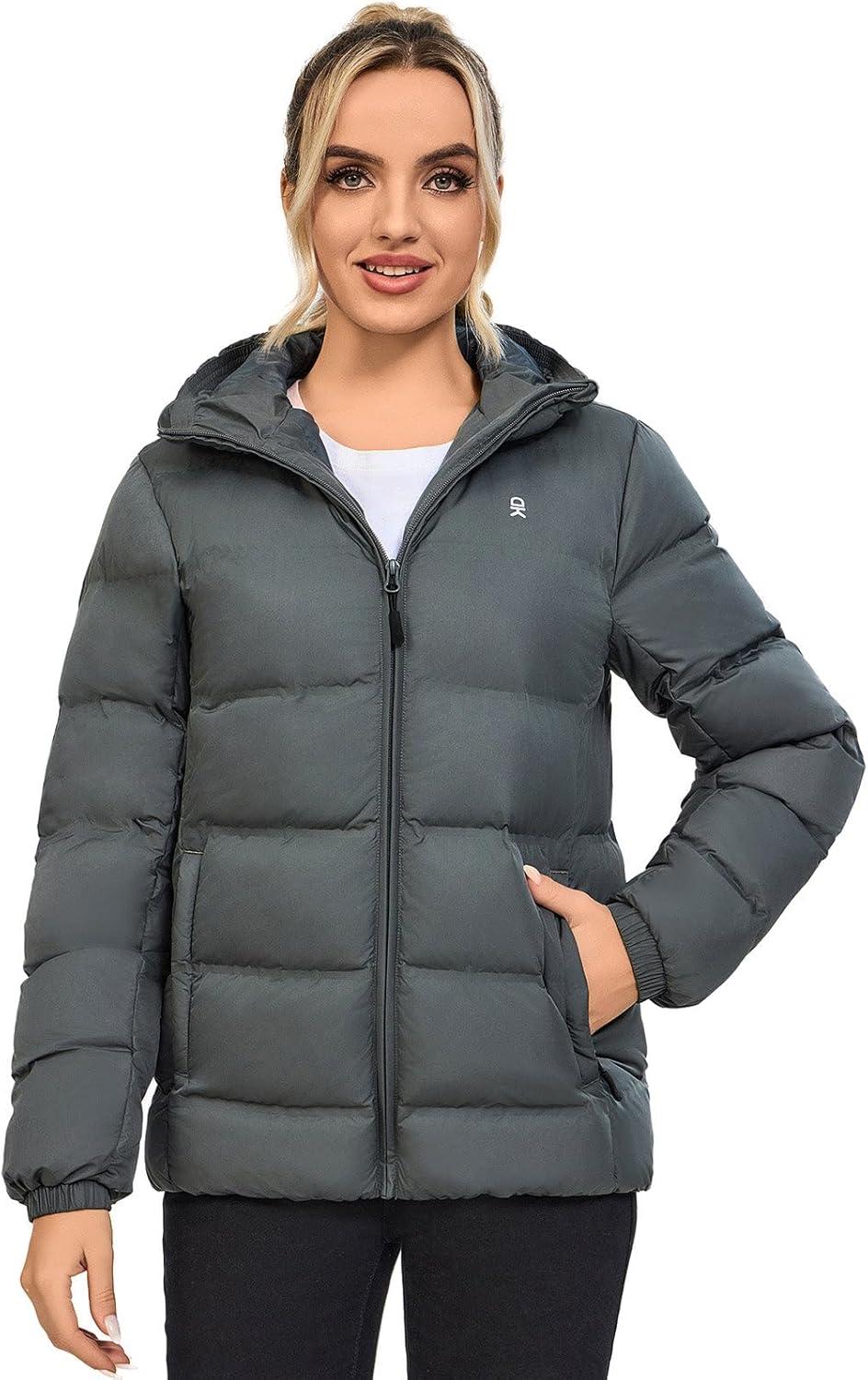 imageLittle Donkey Andy Womens Hooded Puffer Jacket FullZip Winter Lightweight Windproof Warm Quilted Coat with PocketsGrey