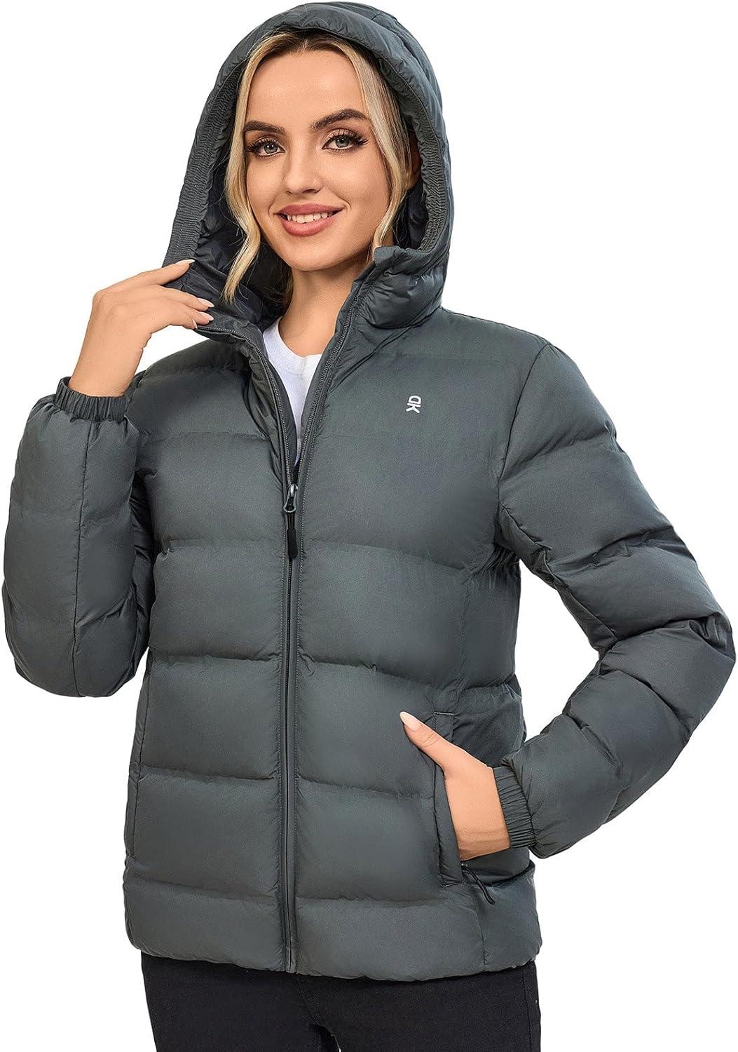 imageLittle Donkey Andy Womens Hooded Puffer Jacket FullZip Winter Lightweight Windproof Warm Quilted Coat with PocketsGrey