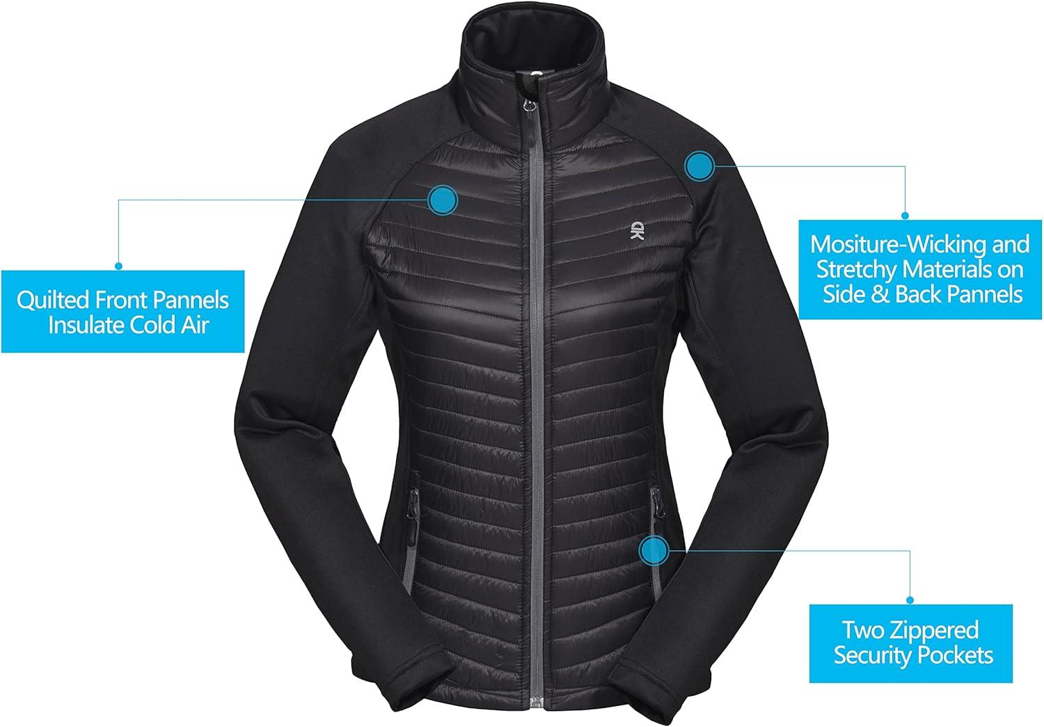 imageLittle Donkey Andy Womens Insulated Hiking Jacket Thermal Running Hybrid Jacket Lightweight Breathable and WarmUpgrade Black