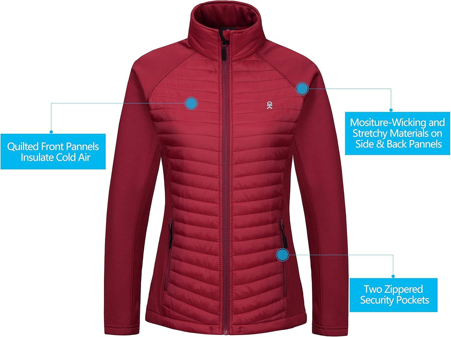 imageLittle Donkey Andy Womens Insulated Hiking Jacket Thermal Running Hybrid Jacket Lightweight Breathable and WarmUpgrade Dark Red