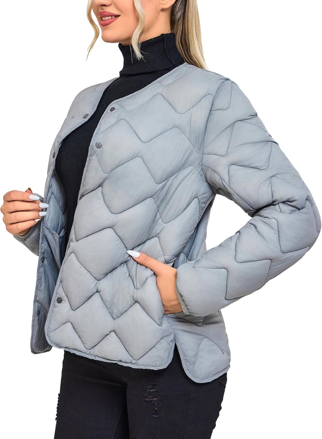 imageLittle Donkey Andy Womens Lightweight Puffer Jacket with Recycled Insulation Button Down Quilted CoatsLight Gray