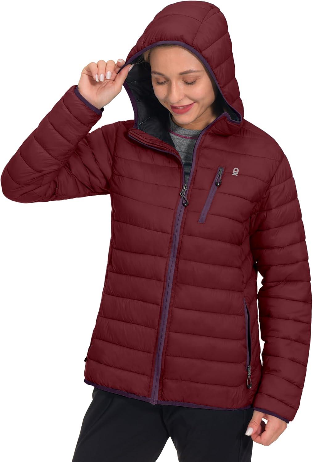 imageLittle Donkey Andy Womens Packable Lightweight Puffer Jacket Hooded Windproof Winter Coat with Recycled InsulationPackable Dark Red
