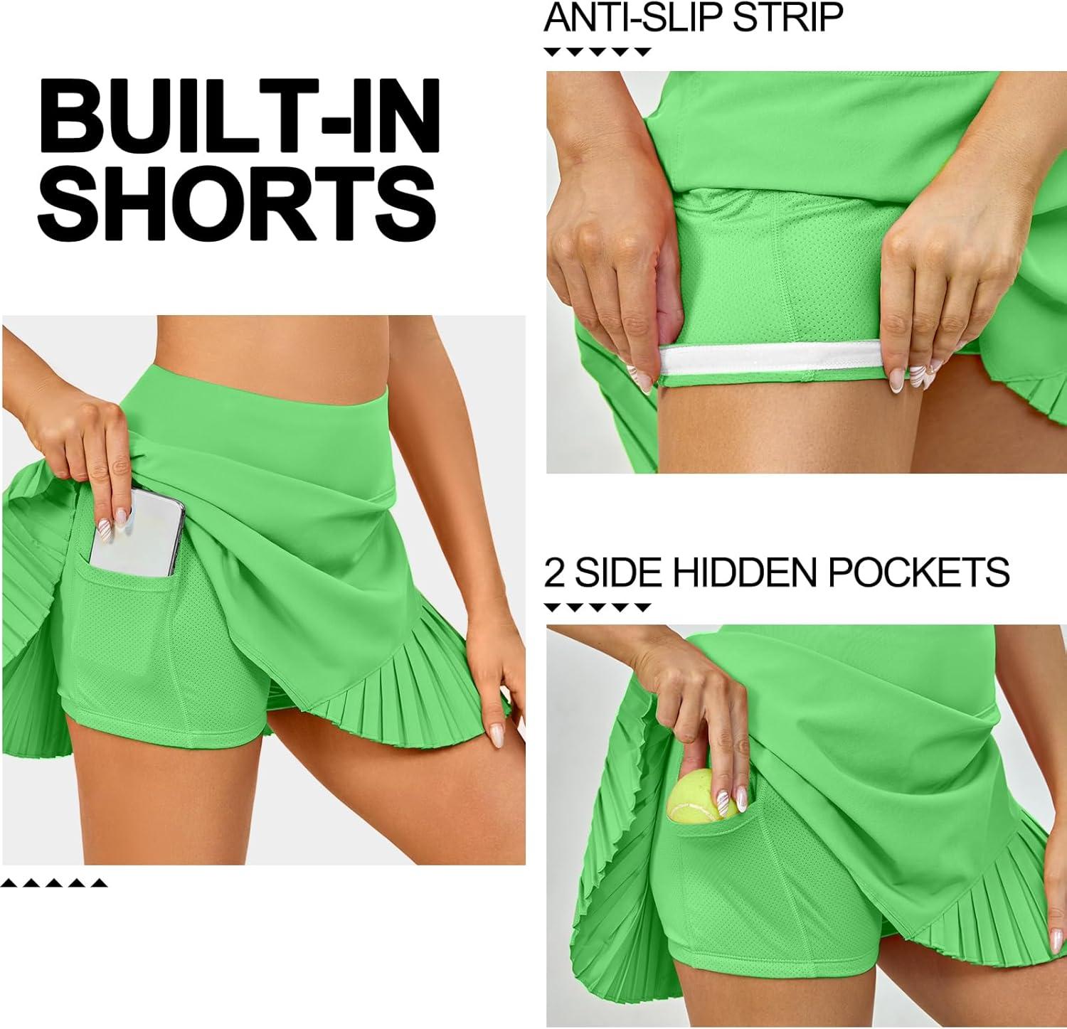 imageLittle Donkey Andy Womens Pleated Tennis Skirts Athletic Golf Skorts High Waisted Casual Workout Sports Running SkirtsFluorescent Green
