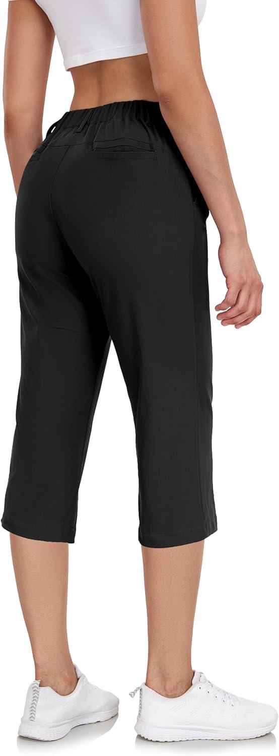 imageLittle Donkey Andy Womens Stretchy Straight Leg Dress Pants Business Casual Elastic Waist Cropped Work Pants with PocketsCropped Pantsblack