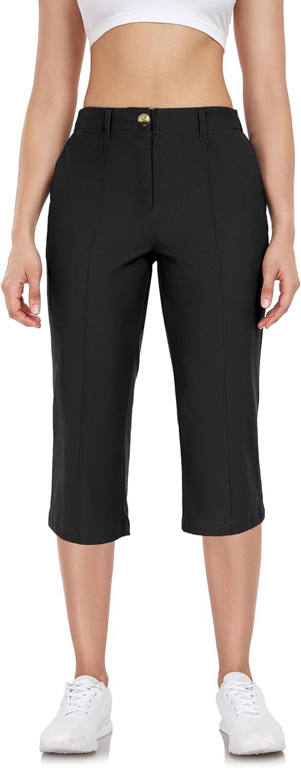 imageLittle Donkey Andy Womens Stretchy Straight Leg Dress Pants Business Casual Elastic Waist Cropped Work Pants with PocketsCropped Pantsblack