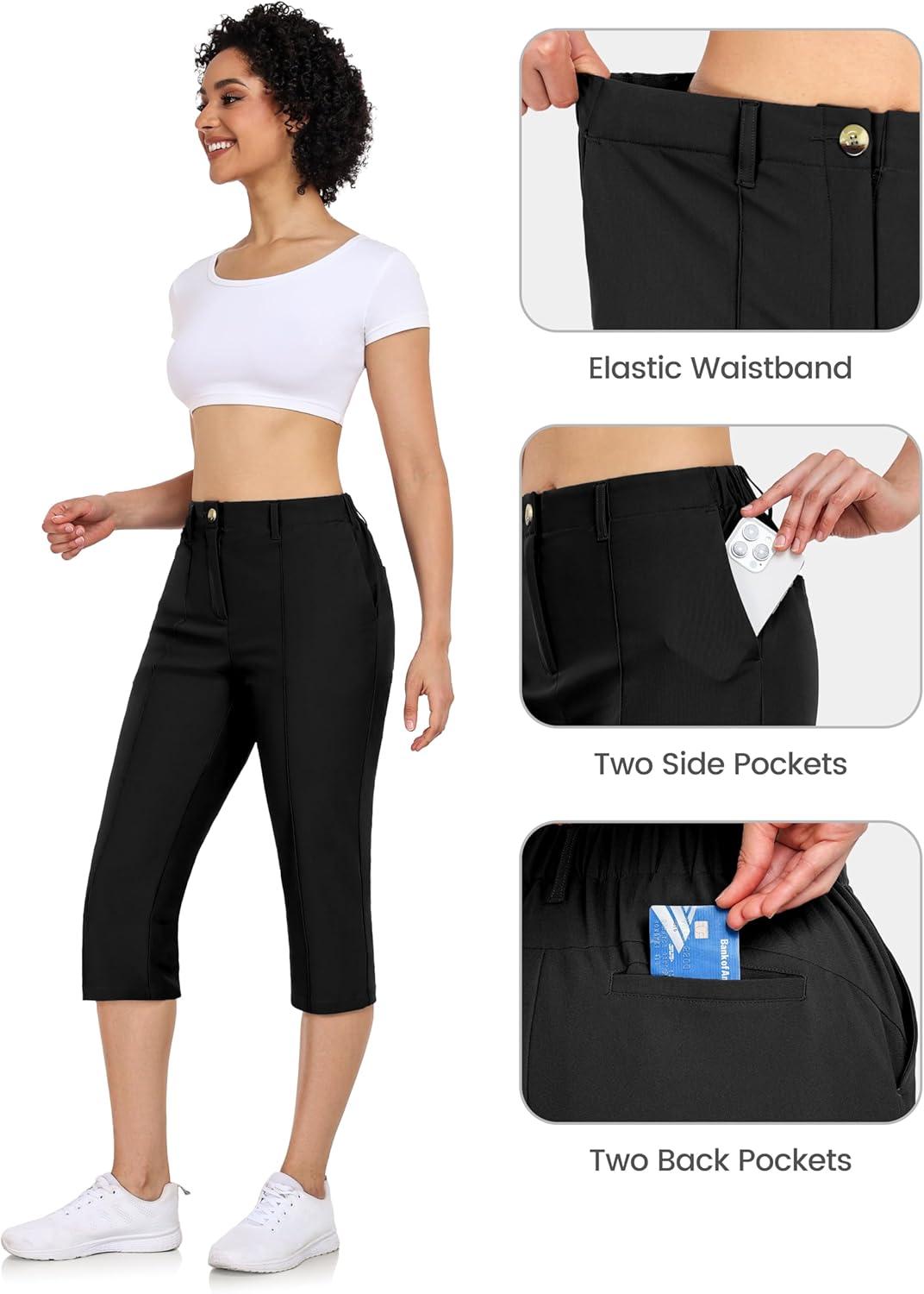 imageLittle Donkey Andy Womens Stretchy Straight Leg Dress Pants Business Casual Elastic Waist Cropped Work Pants with PocketsCropped Pantsblack