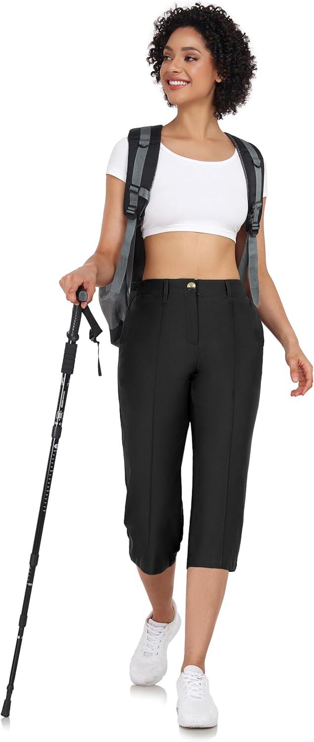 imageLittle Donkey Andy Womens Stretchy Straight Leg Dress Pants Business Casual Elastic Waist Cropped Work Pants with PocketsCropped Pantsblack