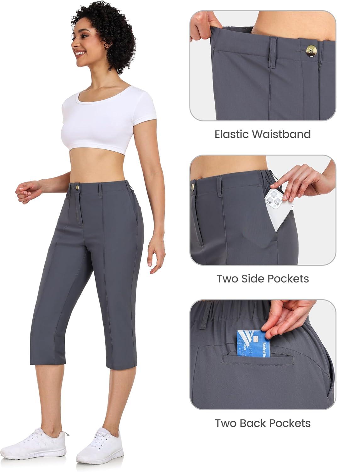imageLittle Donkey Andy Womens Stretchy Straight Leg Dress Pants Business Casual Elastic Waist Cropped Work Pants with PocketsCropped Pantsgrey