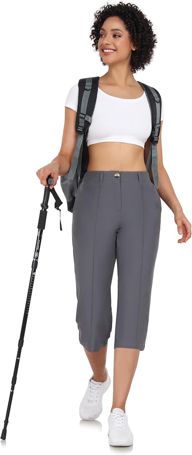 imageLittle Donkey Andy Womens Stretchy Straight Leg Dress Pants Business Casual Elastic Waist Cropped Work Pants with PocketsCropped Pantsgrey