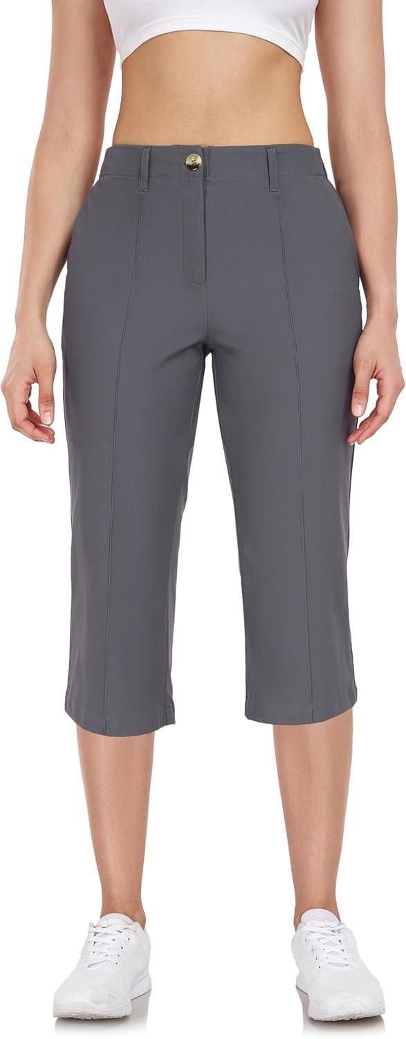 imageLittle Donkey Andy Womens Stretchy Straight Leg Dress Pants Business Casual Elastic Waist Cropped Work Pants with PocketsCropped Pantsgrey