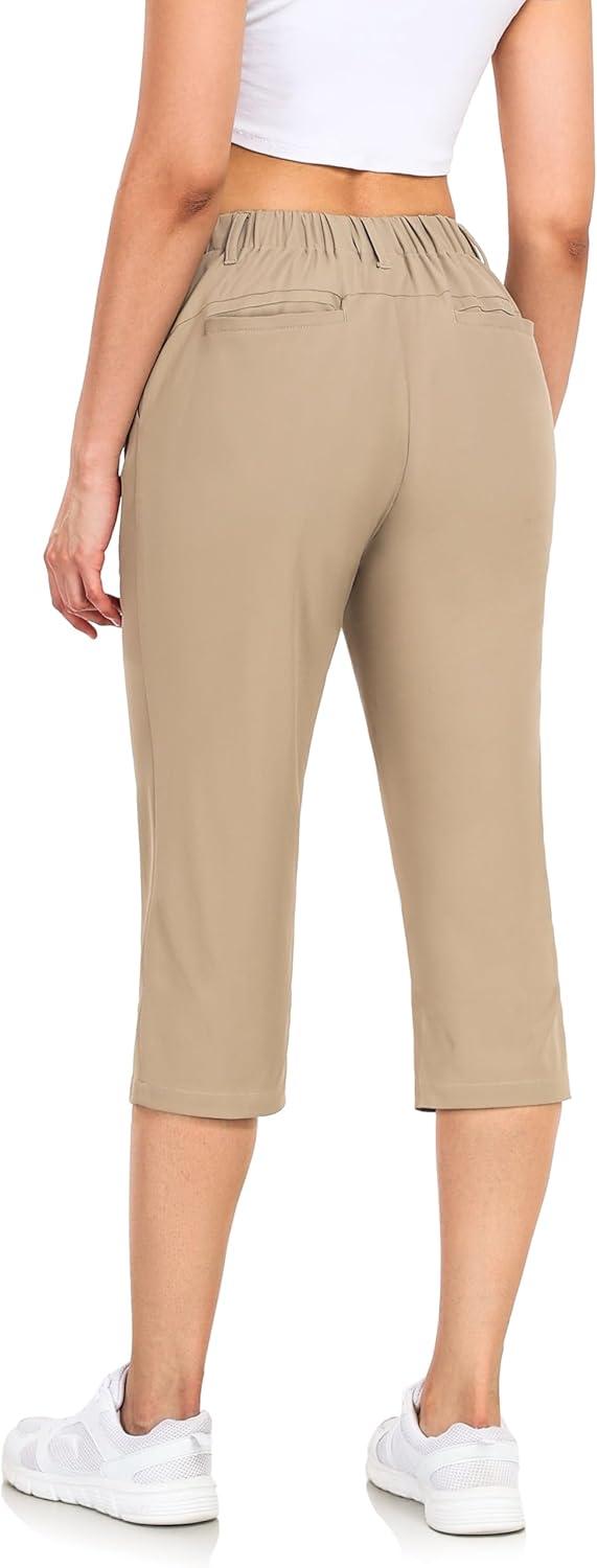 imageLittle Donkey Andy Womens Stretchy Straight Leg Dress Pants Business Casual Elastic Waist Cropped Work Pants with PocketsCropped Pantskhaki