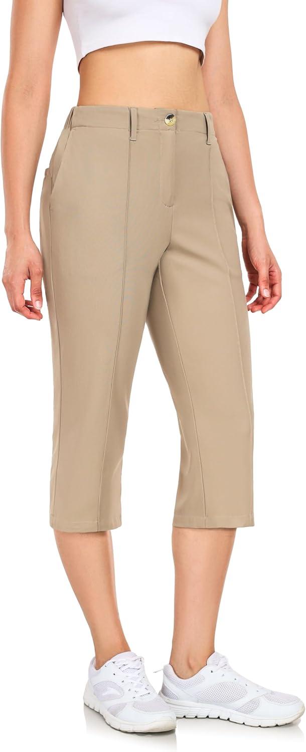 imageLittle Donkey Andy Womens Stretchy Straight Leg Dress Pants Business Casual Elastic Waist Cropped Work Pants with PocketsCropped Pantskhaki