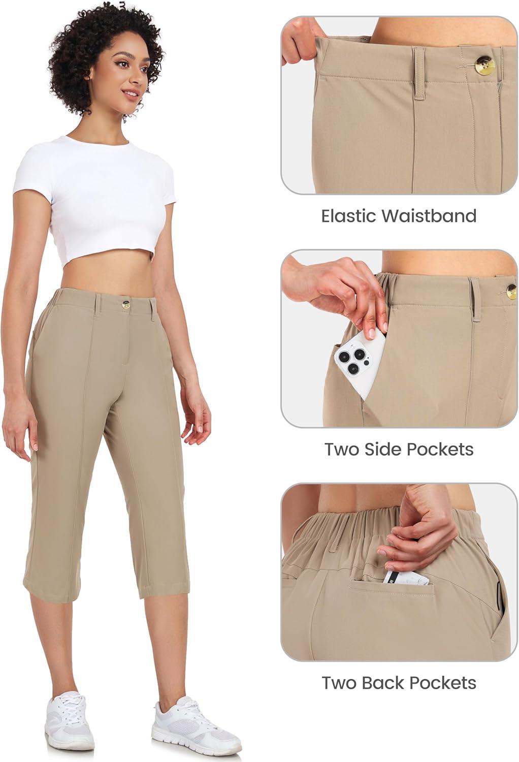 imageLittle Donkey Andy Womens Stretchy Straight Leg Dress Pants Business Casual Elastic Waist Cropped Work Pants with PocketsCropped Pantskhaki