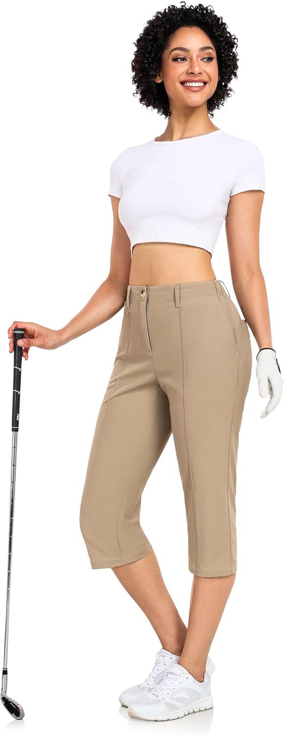 imageLittle Donkey Andy Womens Stretchy Straight Leg Dress Pants Business Casual Elastic Waist Cropped Work Pants with PocketsCropped Pantskhaki