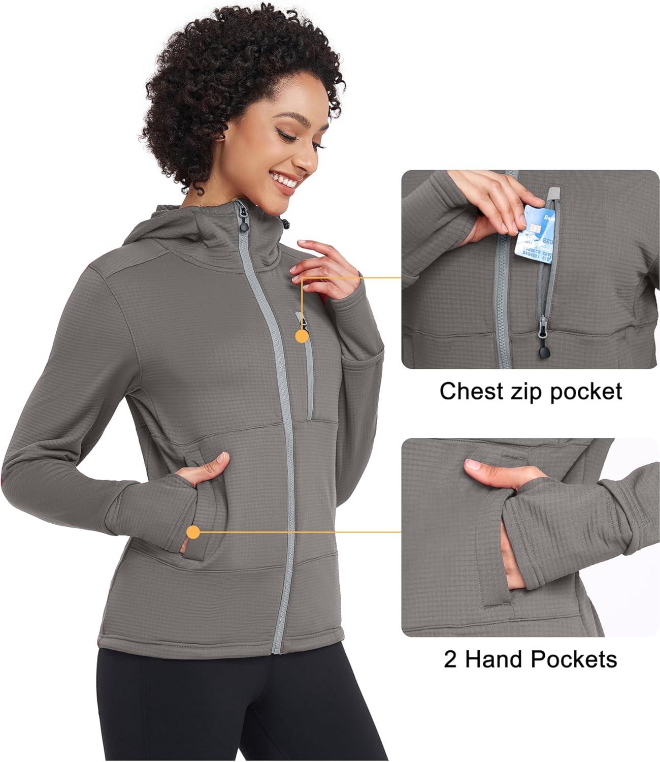 imageLittle Donkey Andy Womens Winter Lightweight Warm Fleece Running Jacket Breathable Thumbholes Thermal Hiking JacketWatchhole Grey