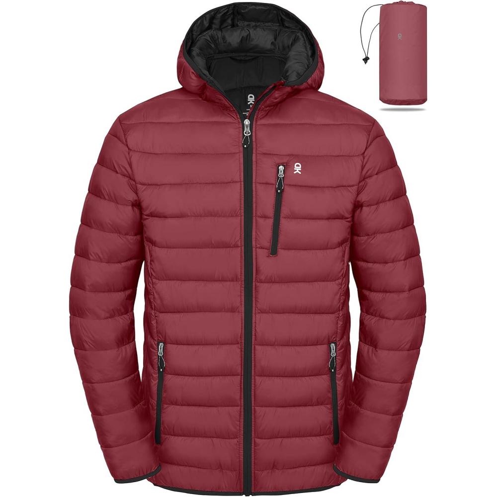 imageLittle Donkey Andy Mens Packable Puffer Jacket Lightweight Hooded Warm Winter Coat with Recycled Insulation S3XLPackabledark Red