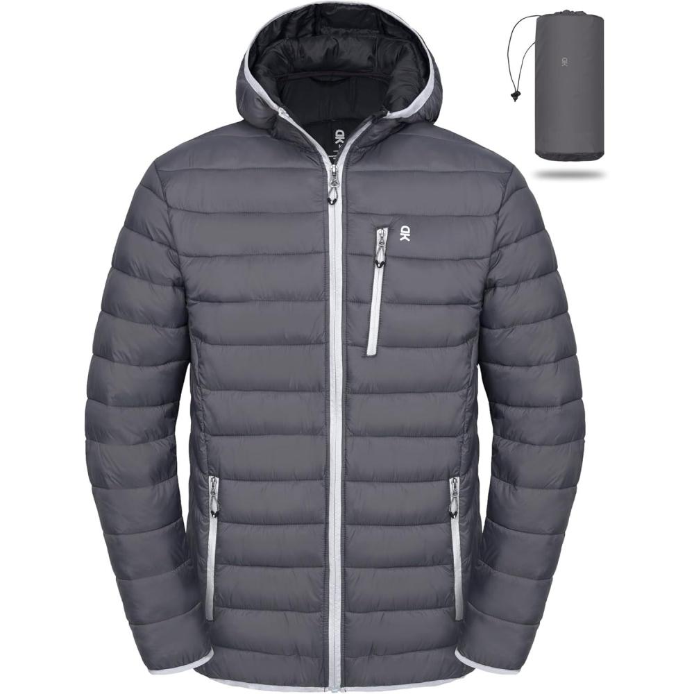 imageLittle Donkey Andy Mens Packable Puffer Jacket Lightweight Hooded Warm Winter Coat with Recycled Insulation S3XLPackablegray