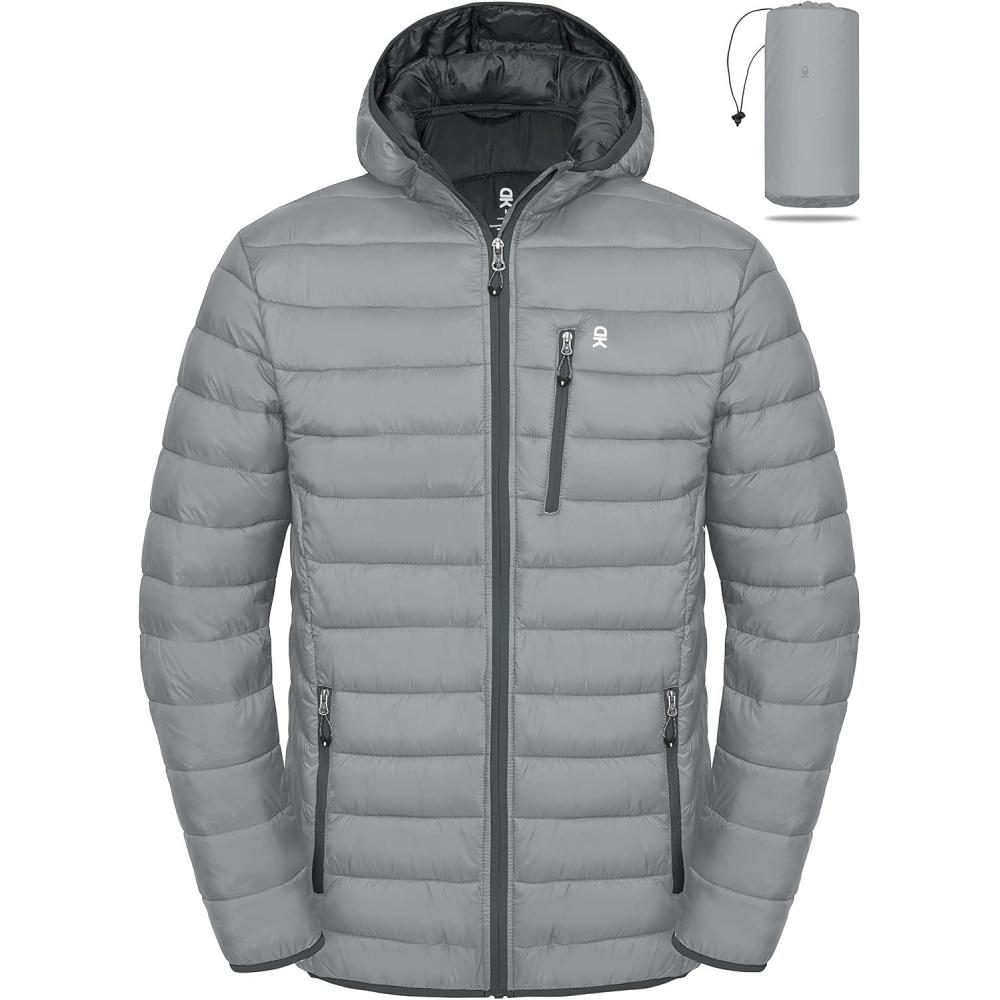 imageLittle Donkey Andy Mens Packable Puffer Jacket Lightweight Hooded Warm Winter Coat with Recycled Insulation S3XLPackablelight Grey