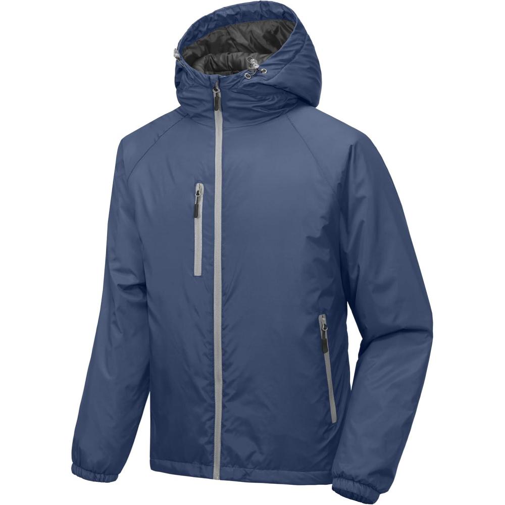 imageLittle Donkey Andy Mens Warm Recycle Insulated Jacket Hooded Lightweight Windproof Winter Coat Hiking TravelDark Blue