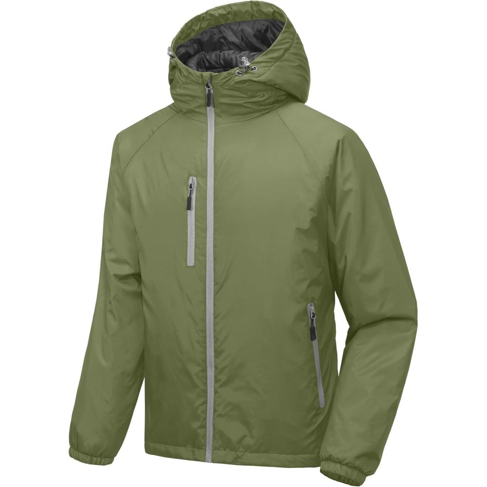 imageLittle Donkey Andy Mens Warm Recycle Insulated Jacket Hooded Lightweight Windproof Winter Coat Hiking TravelPesto Green