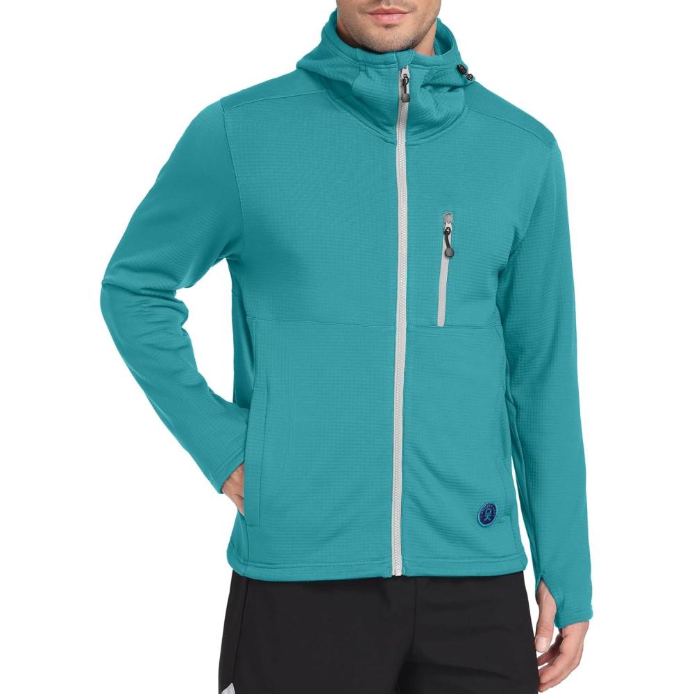 imageLittle Donkey Andy Mens Winter Lightweight Warm Fleece Running Jacket Breathable Hooded Thermal Jacket with Thumb HolesTile Blue