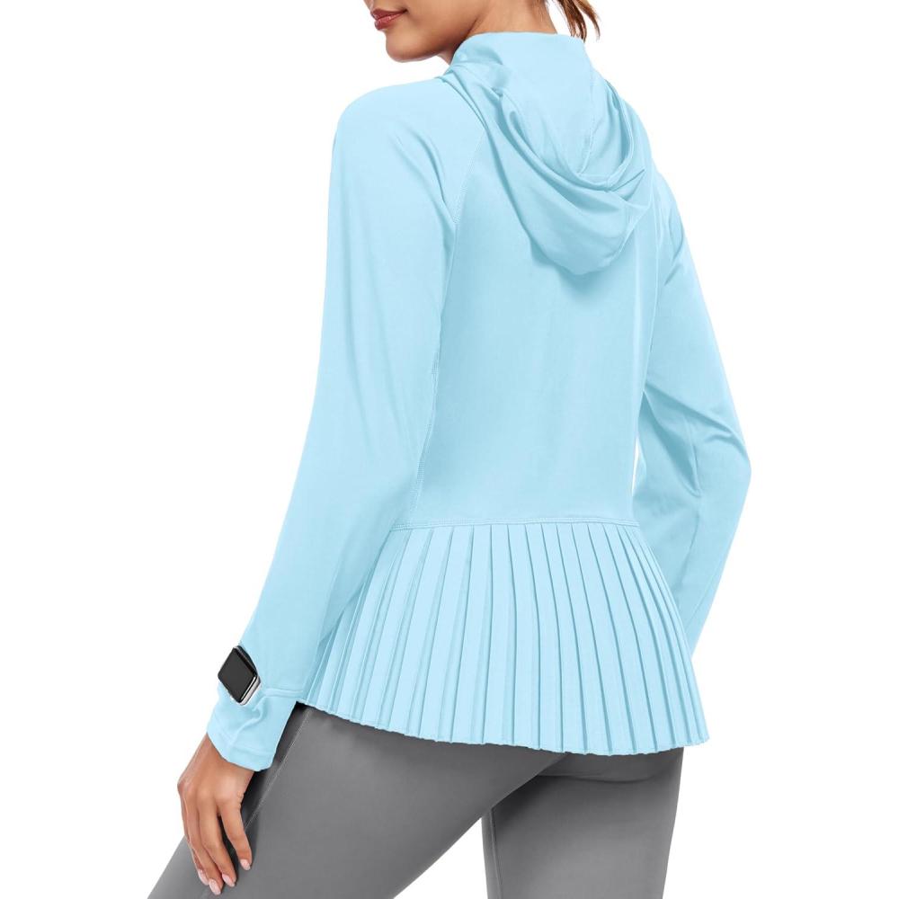 imageLittle Donkey Andy Womens Golf Hoodie Jacket with Pleated Tennis Skirt Hem Full Zip Sun Protection Running Athletic JacketsBlue