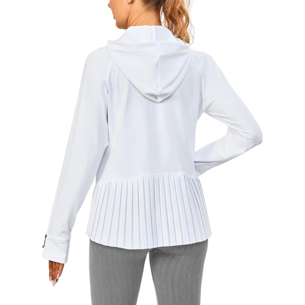 imageLittle Donkey Andy Womens Golf Hoodie Jacket with Pleated Tennis Skirt Hem Full Zip Sun Protection Running Athletic JacketsWhite