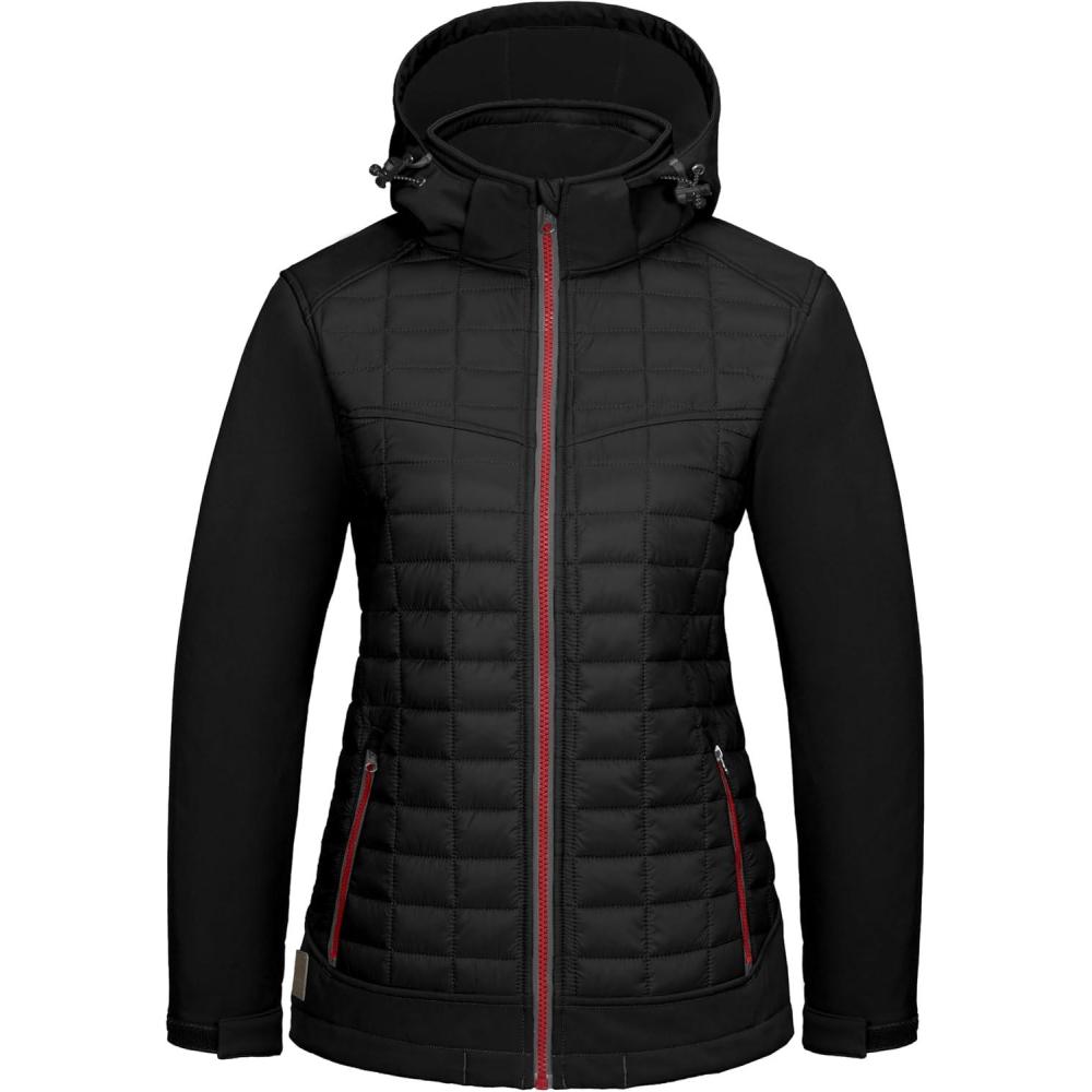 imageLittle Donkey Andy Womens Lightweight Insulated Hybrid Jacket for Hiking Running Ski Thermal Warm with Removable HoodMagnetJet Black
