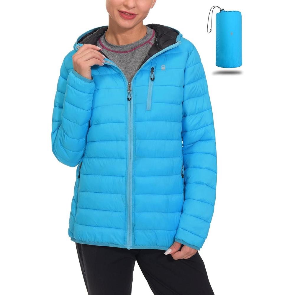 imageLittle Donkey Andy Womens Packable Lightweight Puffer Jacket Hooded Windproof Winter Coat with Recycled InsulationPackable Aqua