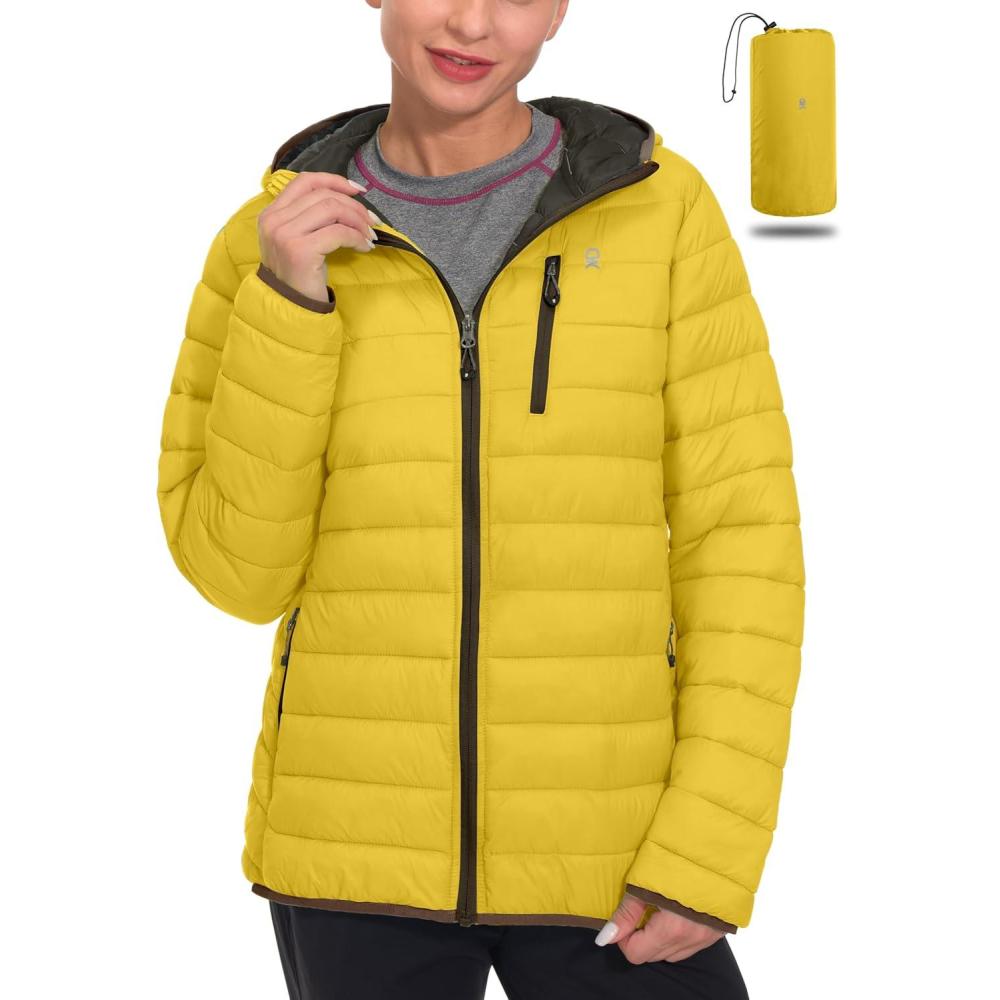 imageLittle Donkey Andy Womens Packable Lightweight Puffer Jacket Hooded Windproof Winter Coat with Recycled InsulationPackable Cyber Yellow