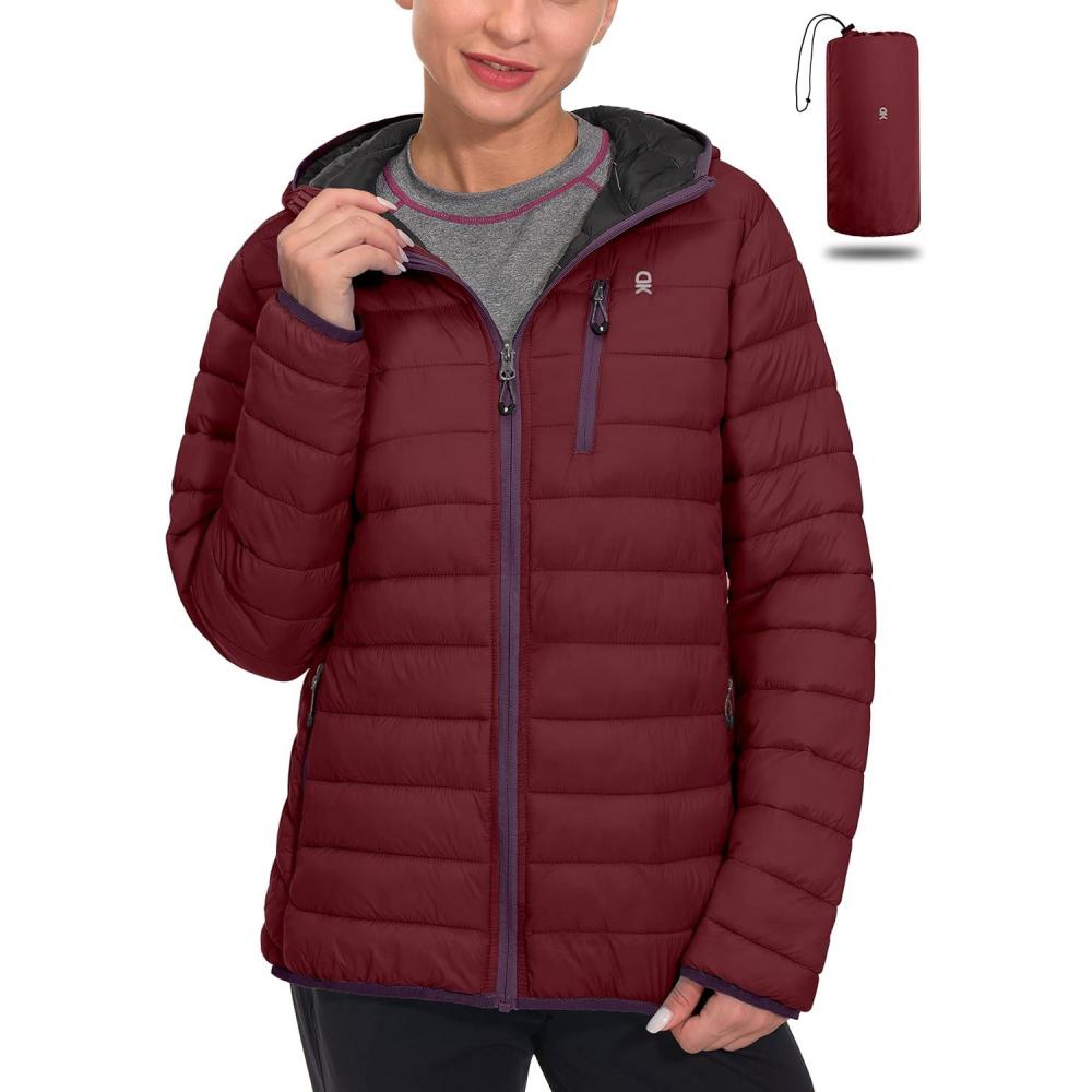 imageLittle Donkey Andy Womens Packable Lightweight Puffer Jacket Hooded Windproof Winter Coat with Recycled InsulationPackable Dark Red