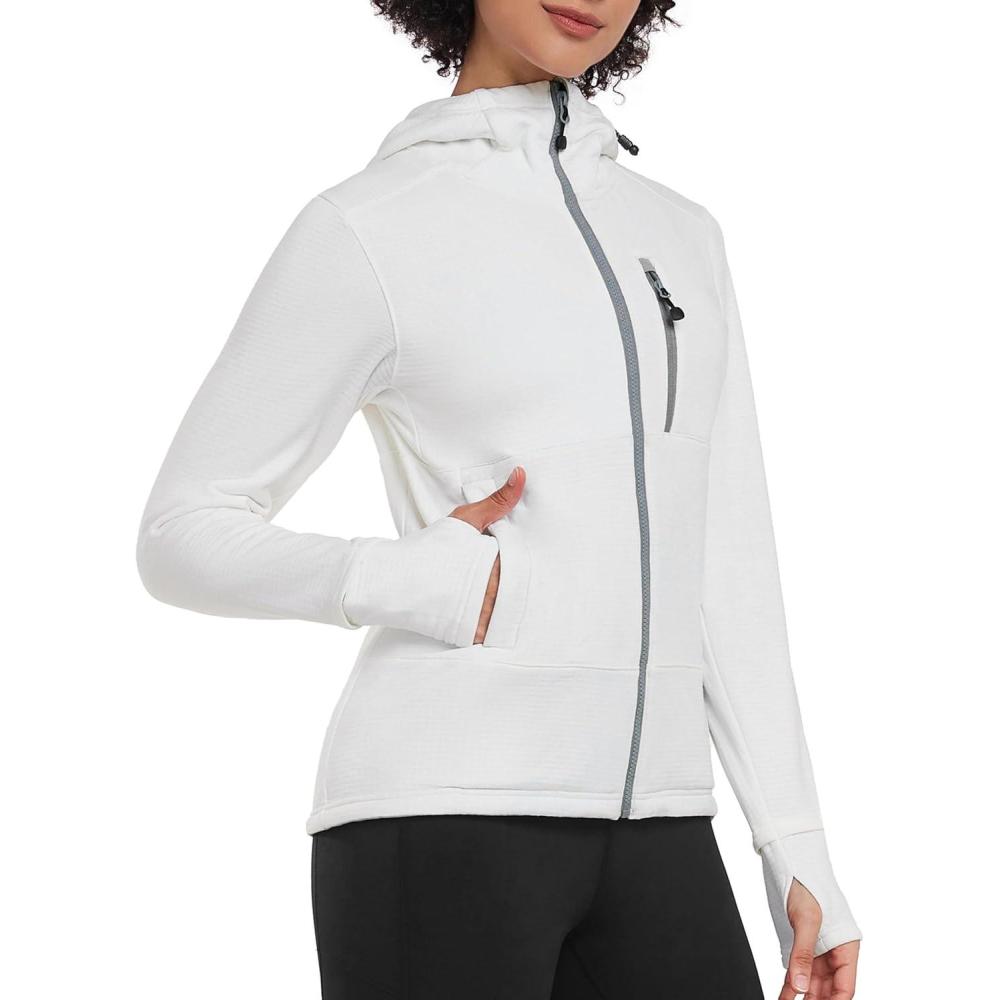 imageLittle Donkey Andy Womens Winter Lightweight Warm Fleece Running Jacket Breathable Thumbholes Thermal Hiking JacketWatchhole White
