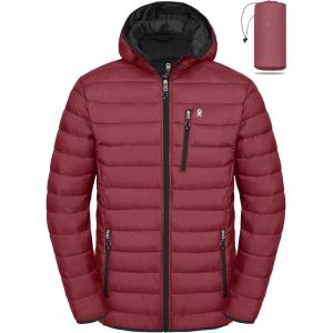 Little Donkey Andy Men’s Packable Puffer Jacket Lightweight Hooded Warm Winter Coat with Recycled Insulation S-3XL(Packable-dark Red)