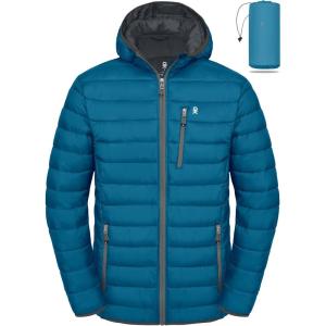 Little Donkey Andy Men’s Packable Puffer Jacket Lightweight Hooded Warm Winter Coat with Recycled Insulation S-3XL(Packable-fjord Blue)