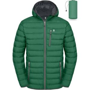 Little Donkey Andy Men’s Packable Puffer Jacket Lightweight Hooded Warm Winter Coat with Recycled Insulation S-3XL(Packable-green)
